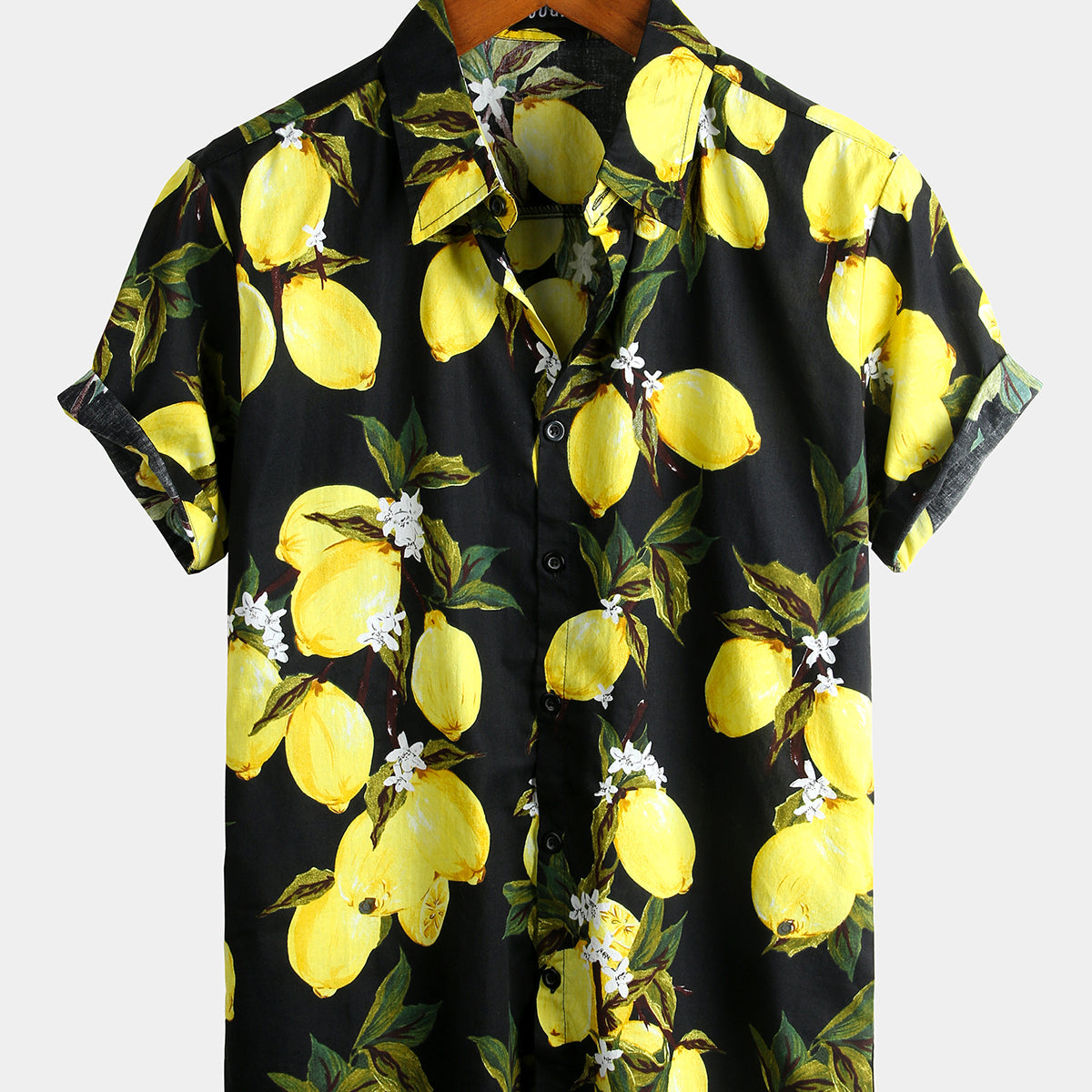 Men's Tropical Lemon Print Summer Hawaiian Beach Holiday Short-Sleeve Shirt