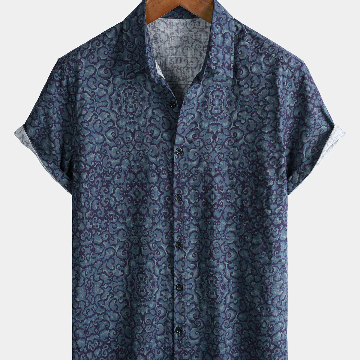 Men's Casual Retro Short-Sleeve Blue Pattern Shirt