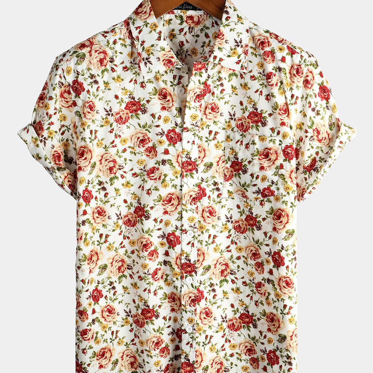 Men's Short-Sleeve Cotton Pink Print Shirt