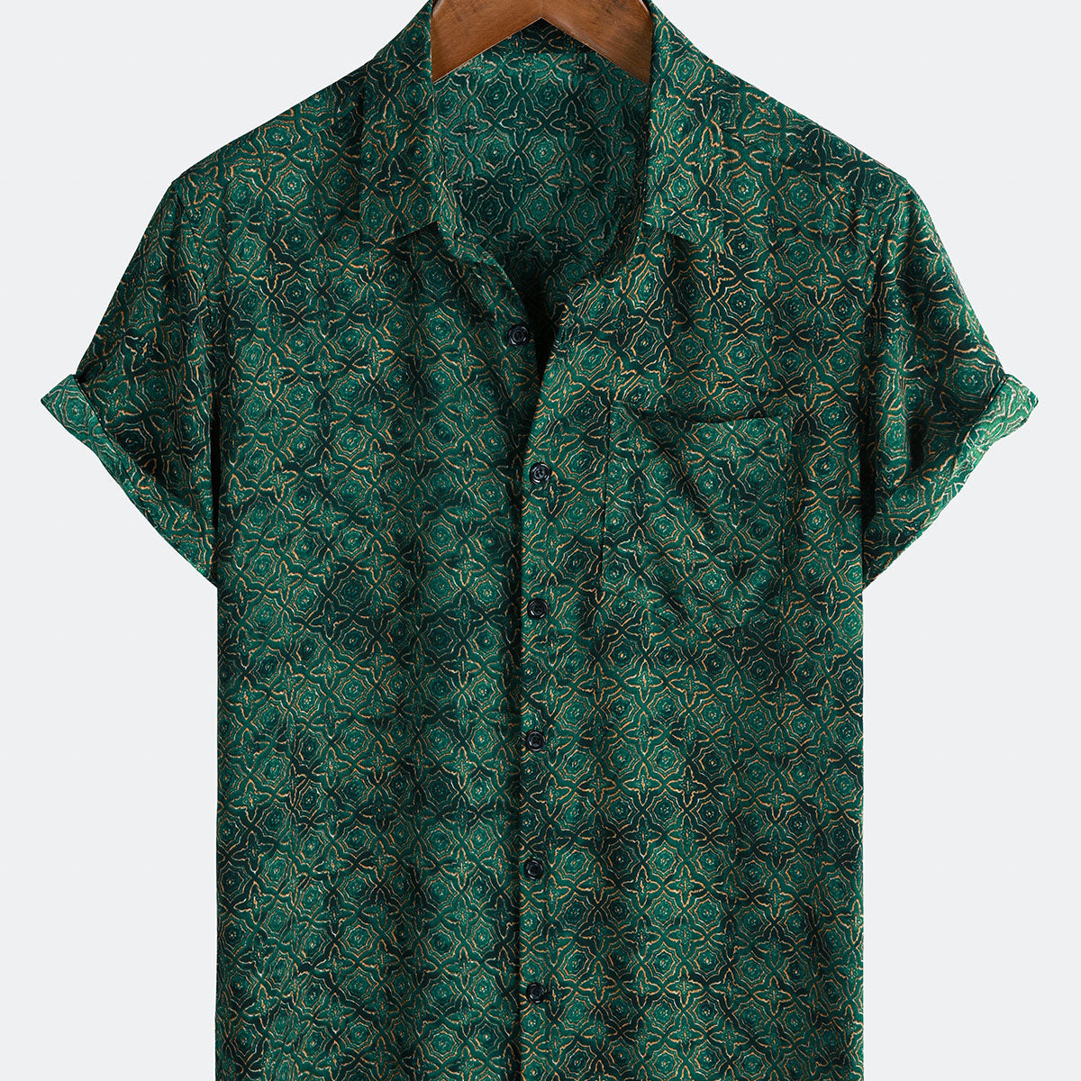 Men's Casual Vintage Short-Sleeve Green Geometric Print Shirt