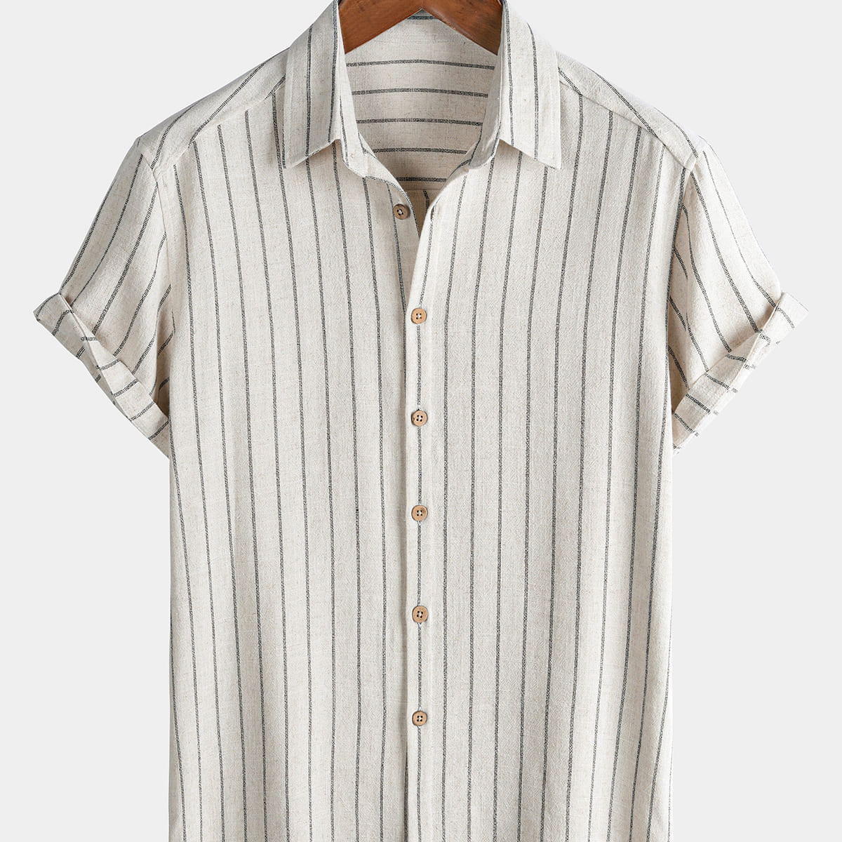 Men's Casual Short-Sleeve Beige Striped Linen-Cotton Shirt