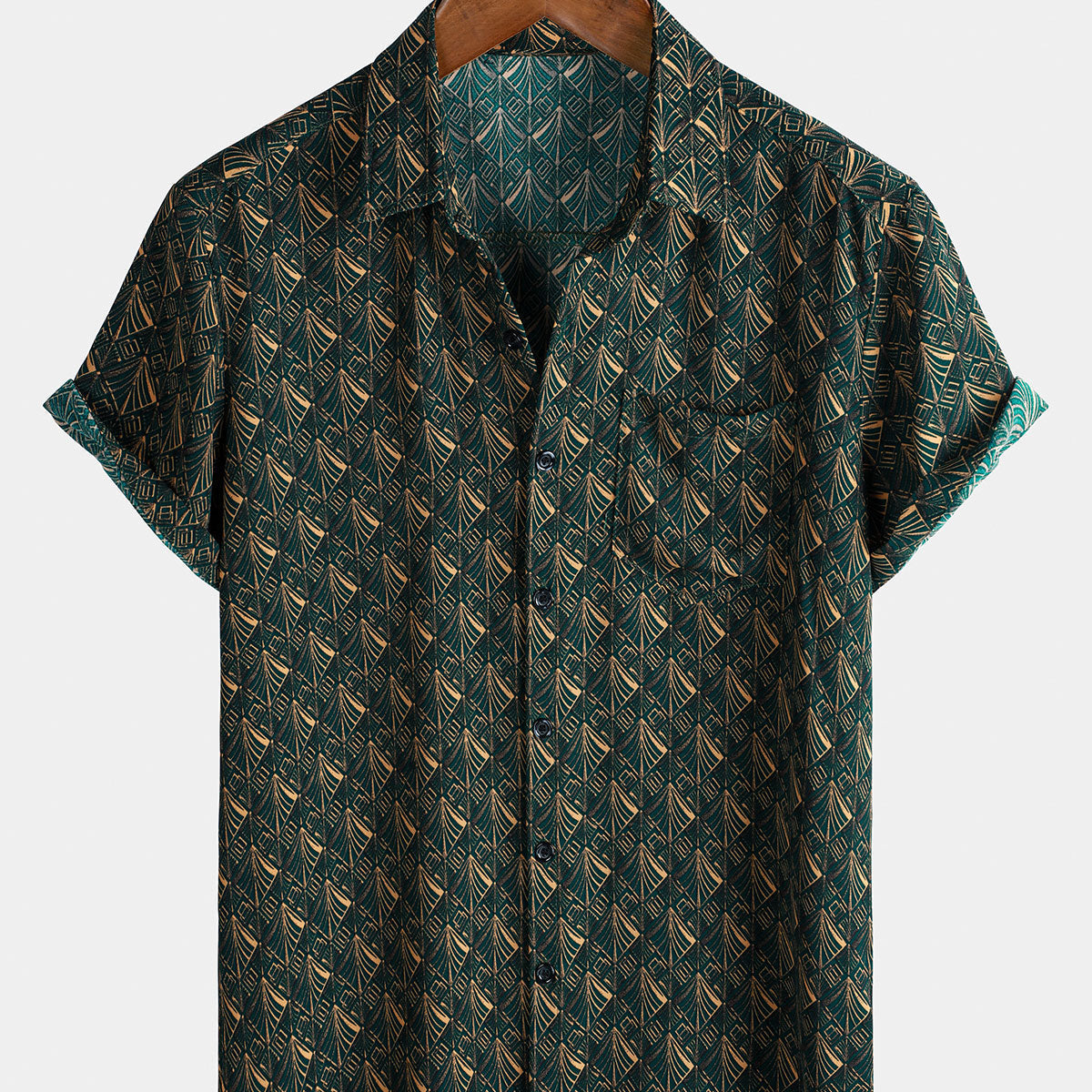 Men's Short-Sleeve Retro Geometric Print Holiday Shirt with Pockets