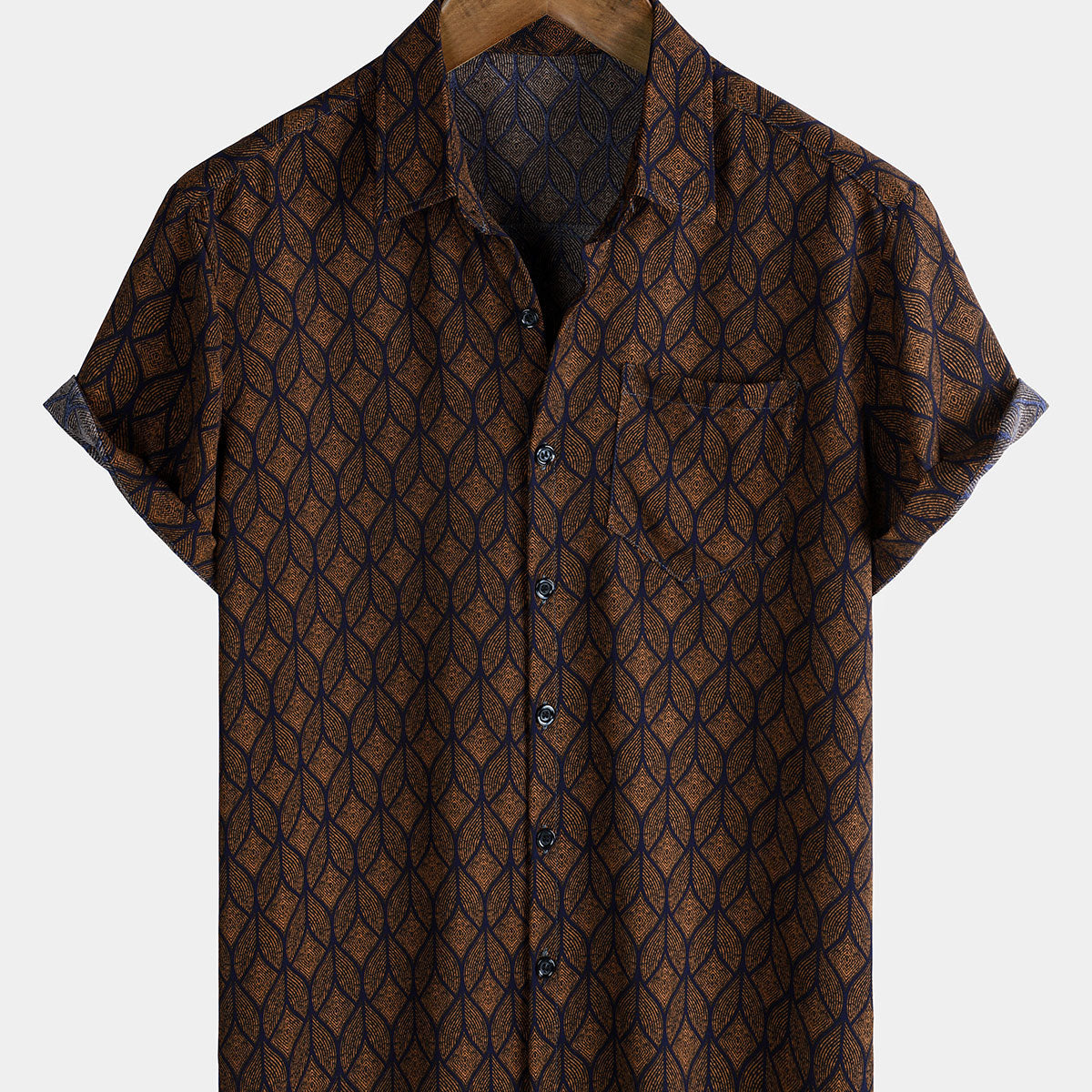 Men's Short-Sleeve Brown Retro Geometric Print Shirt with Pockets