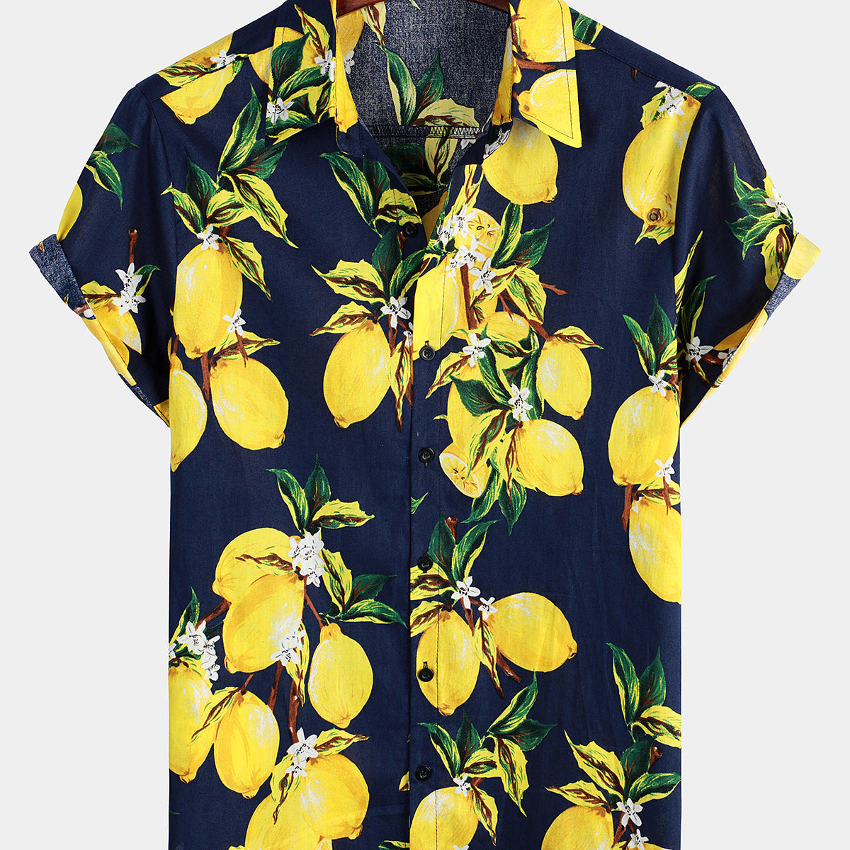 Men's Tropical Lemon Print Summer Hawaiian Beach Holiday Short-Sleeve Shirt