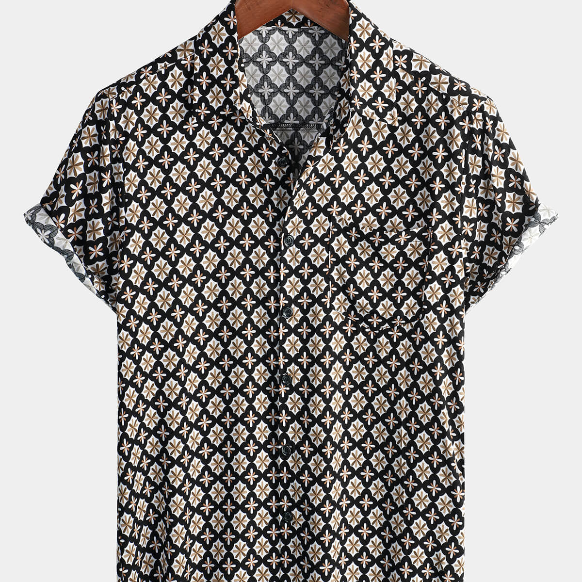 Men's Black Summer Short-Sleeve Shirt — Vintage Geometric Floral Pattern