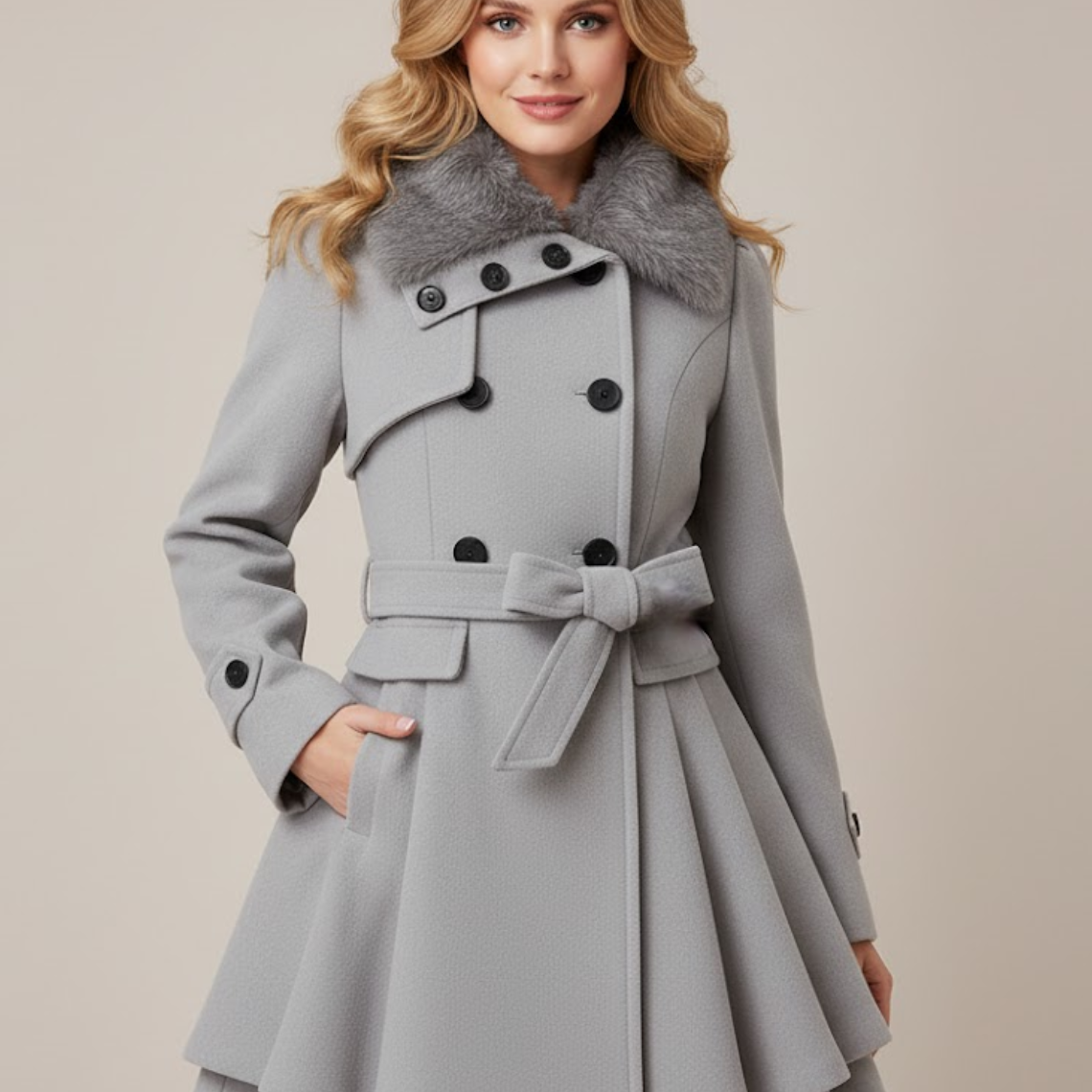 Chic Double-Breasted Belted Coat with Faux Fur Collar for Stylish Occasions