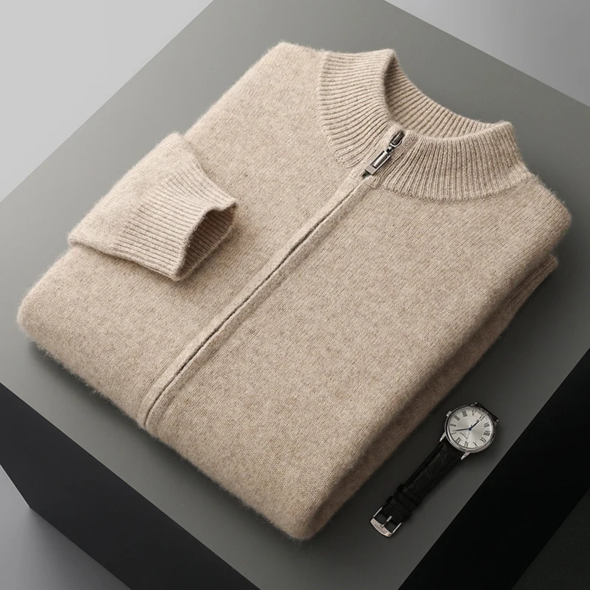 The Maplecrest Men's Merino  Mock Neck Cashmere Zip Up Cardigan