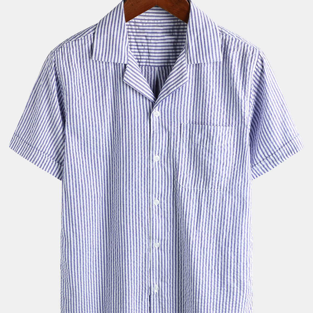 Men's Blue Striped Cotton Summer Button-Up Short-Sleeve Cuban Collar Camp Beach Shirt