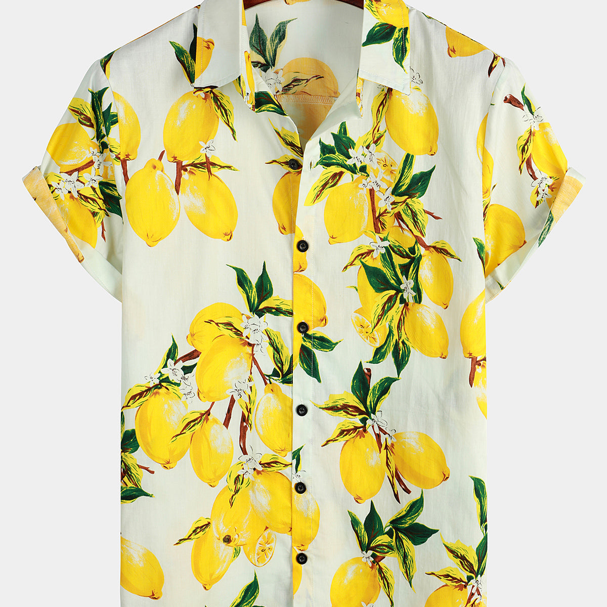 Men's Tropical Lemon Print Summer Hawaiian Beach Holiday Short-Sleeve Shirt