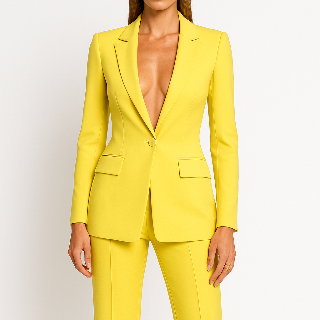 Chic Women's Plunging Trouser Suit – Blazer & Straight-Leg Pants