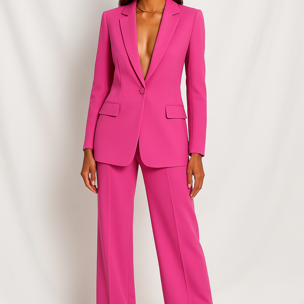 Chic Women's Plunging Trouser Suit – Blazer & Straight-Leg Pants