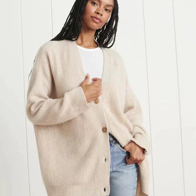 Cozy Oversized Knit Cardigan Sweater for Women - V-Neck Ribbed Design