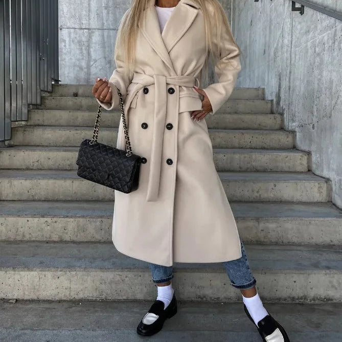 Chic Women’s Long Double-Breasted Winter Coat - Stylish Belted Overcoat