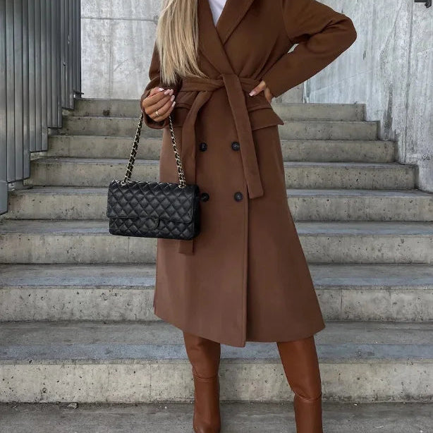 Chic Women’s Long Double-Breasted Winter Coat - Stylish Belted Overcoat