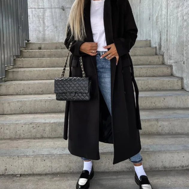 Chic Women’s Long Double-Breasted Winter Coat - Stylish Belted Overcoat