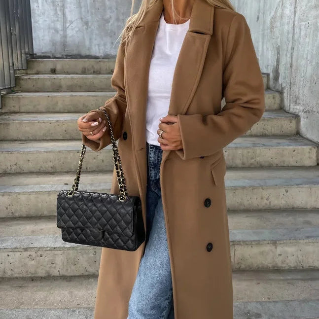 Chic Women’s Long Double-Breasted Winter Coat - Stylish Belted Overcoat
