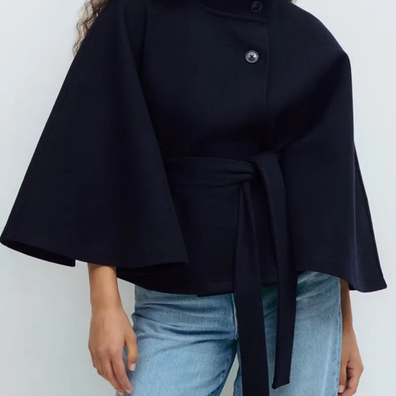 Chic Cape Coat for Women - Funnel Neck & Belted Design