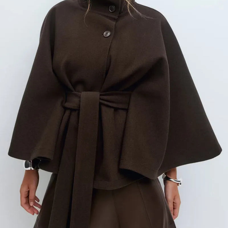 Chic Cape Coat for Women - Funnel Neck & Belted Design
