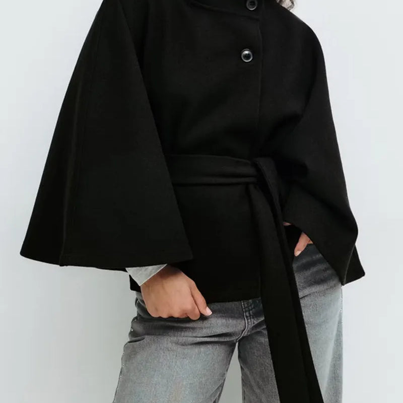 Chic Cape Coat for Women - Funnel Neck & Belted Design